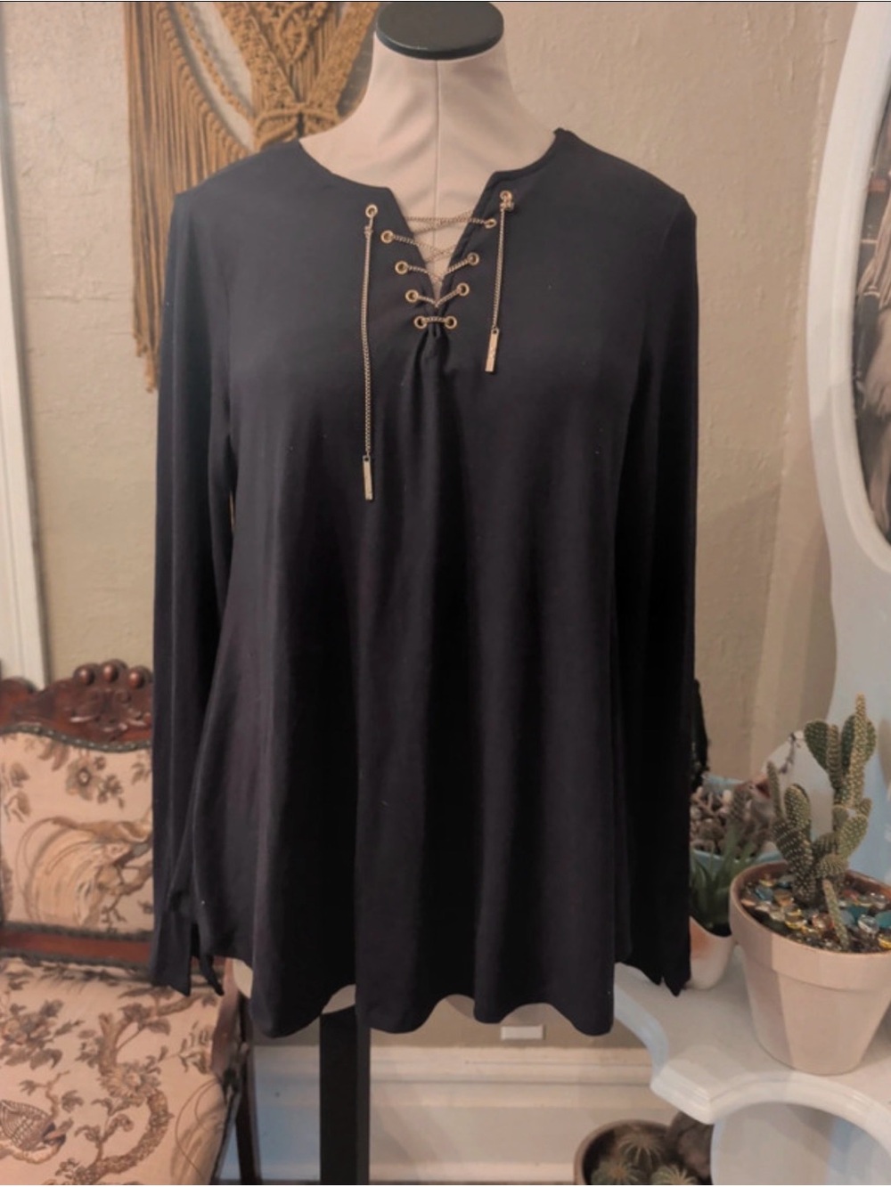 Moral Fiber Black Lace-Up Long Sleeve Top with Gold Accents